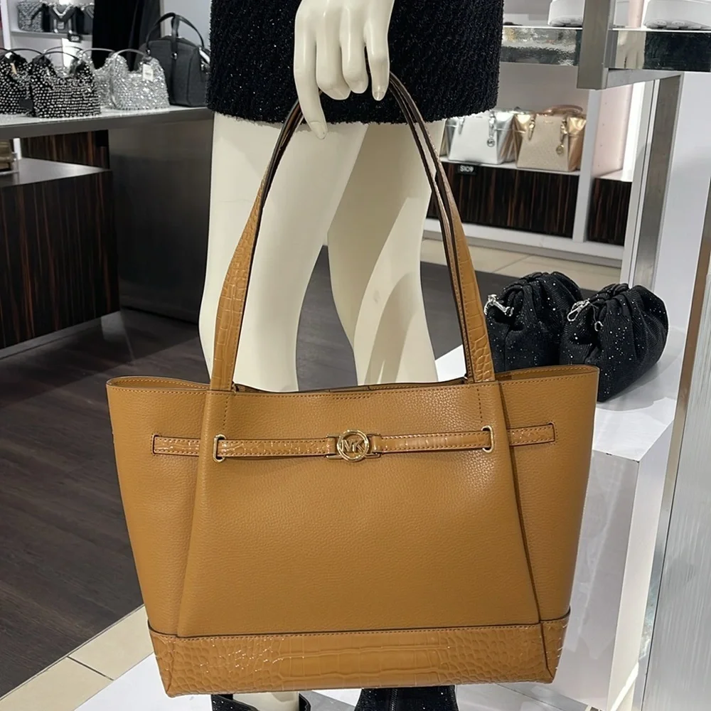 MICHAEL KORS Reed Large Leather Belted Satchel Shoulder Tote Handbag  Deer NWT
